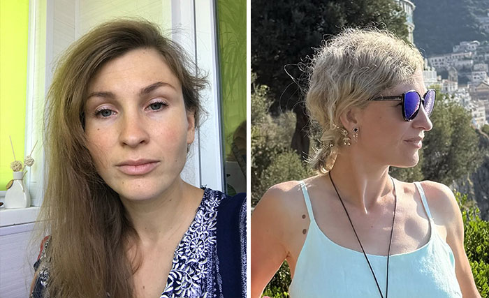 A woman with long brown hair, before and after leaving unhappy marriages.
