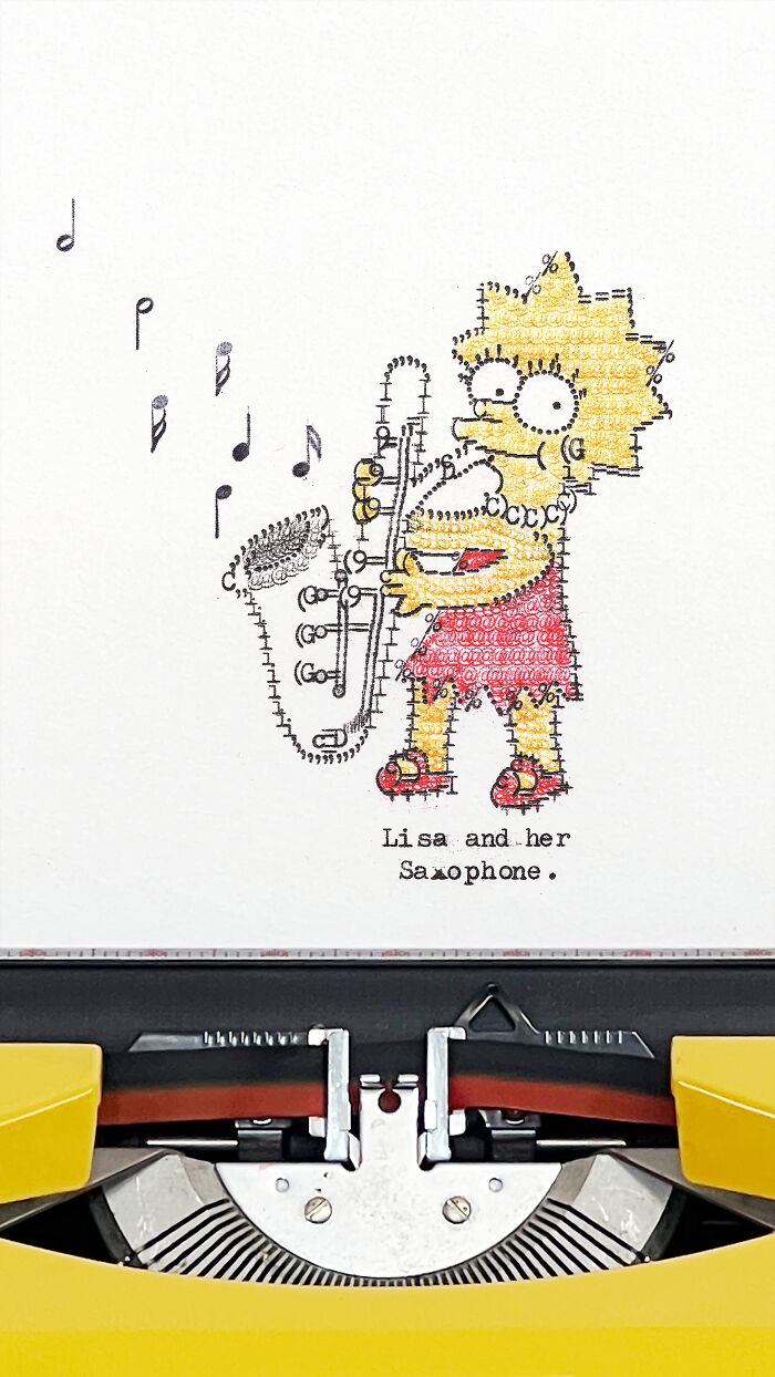 Vibrant Typewriter Art of Lisa Simpson playing the saxophone, with musical notes floating nearby.