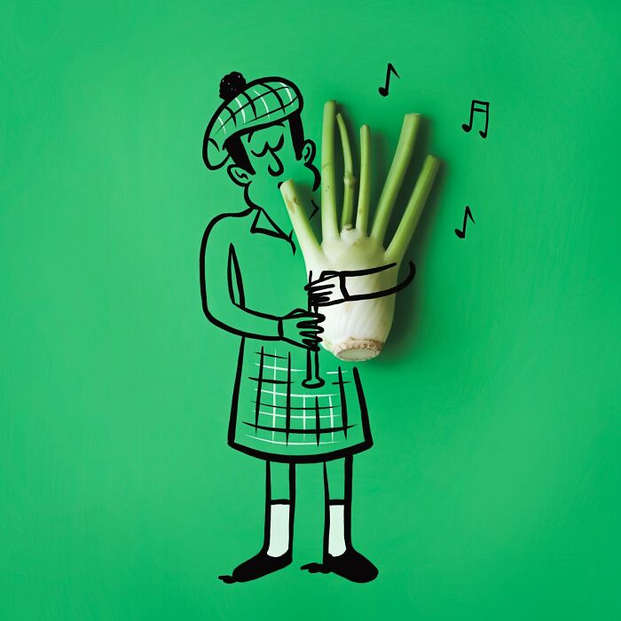 Playful illustration of a Scottish bagpiper using a fennel bulb instrument as everyday objects come to life