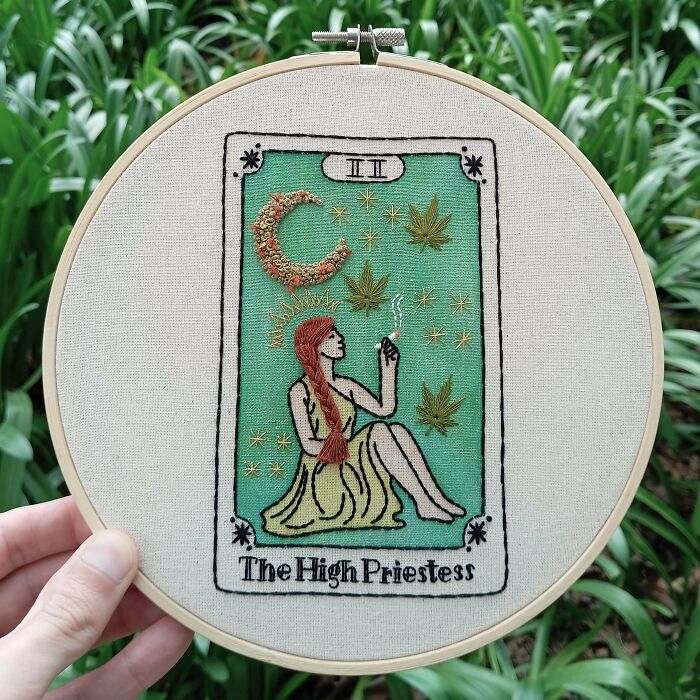 Embroidery hoop with The High Priestess tarot card stitched artwork