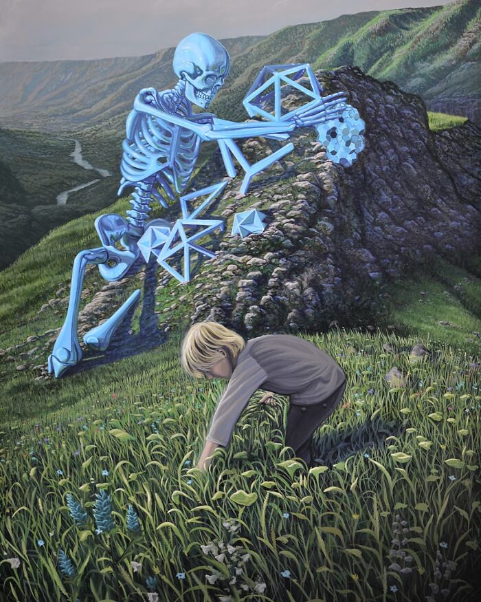 A boy collecting flowers in a field with a large blue skeleton construct above him, surreal painting by Wiley Wallace.