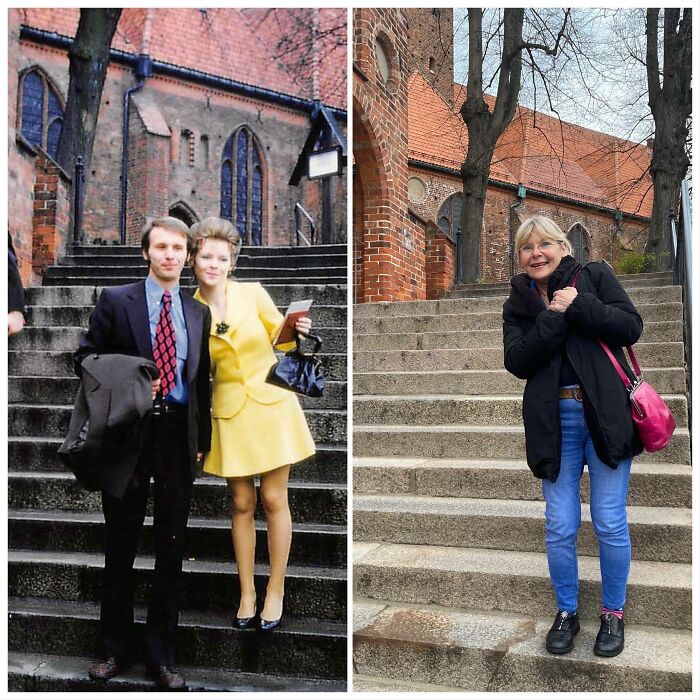 My Mom On Her Wedding Day In 1972 And Then In 2021 - On The Exact Same Stair