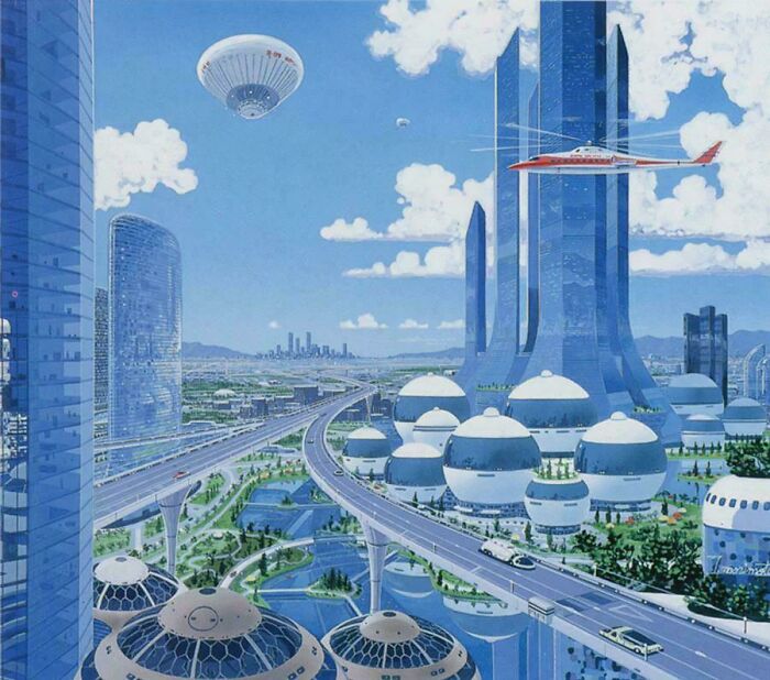 Retrofuturistic image showing a futuristic city with tall buildings, flying vehicles, and elevated highways imagined in the past.