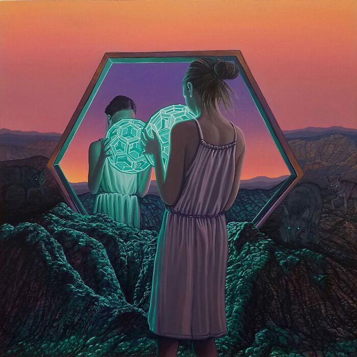 A woman in a surreal painting by Wiley Wallace, holding glowing orbs with her reflection in an alternate reality.