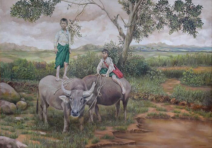 Two young boys on water buffaloes in a landscape painting by Michel Devanakis with unique perspective.