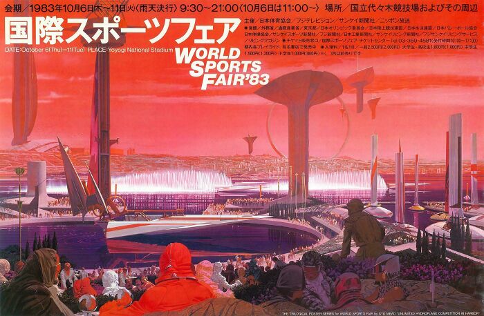 A retrofuturistic image of a grand sports fair with futuristic architecture and crowds, imagined from the past.