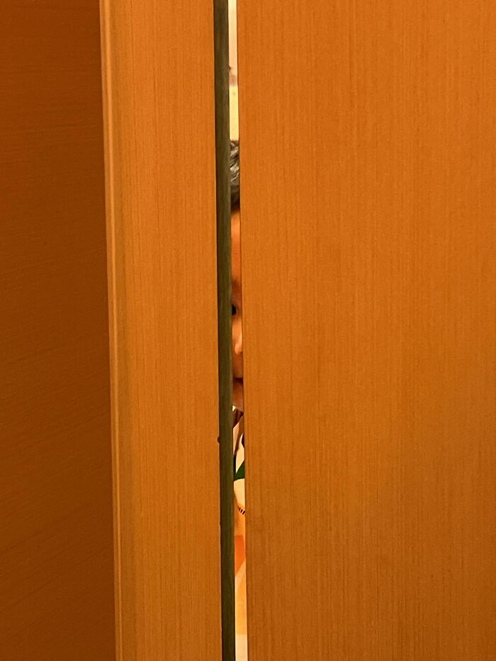 A person peeking through a narrow door gap, experiencing a reality check from an invasion of privacy.