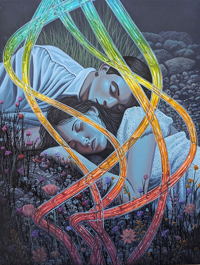 Surreal paintings by Wiley Wallace: Two people sleeping in a field of flowers, intertwined with glowing, colorful energy ribbons.