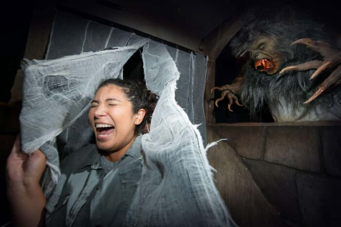 Woman screaming in terror as a monster appears behind her in a haunted house photo