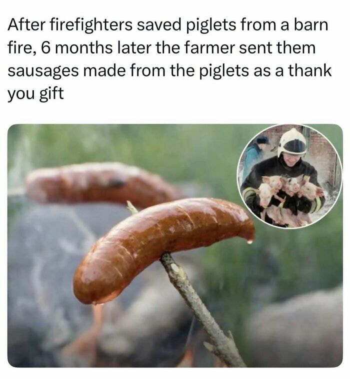 A grilled sausage on a stick with a picture of a firefighter, one of many fascinating stories.