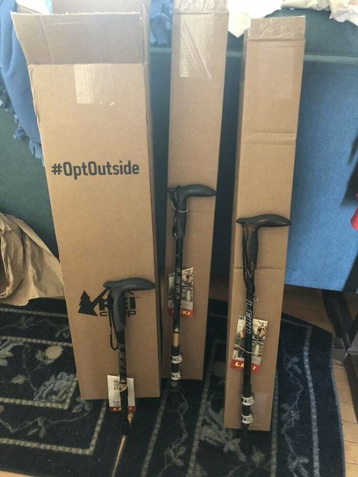Three walking sticks each packaged in individual tall boxes as packaging fails