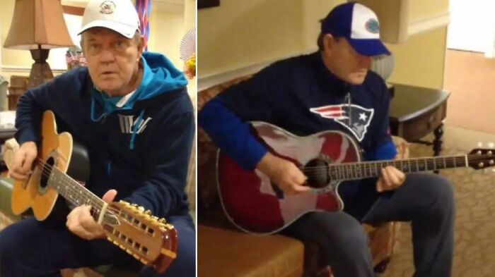 A split image of an elderly man playing acoustic guitars, among people captured in photos for the last time.