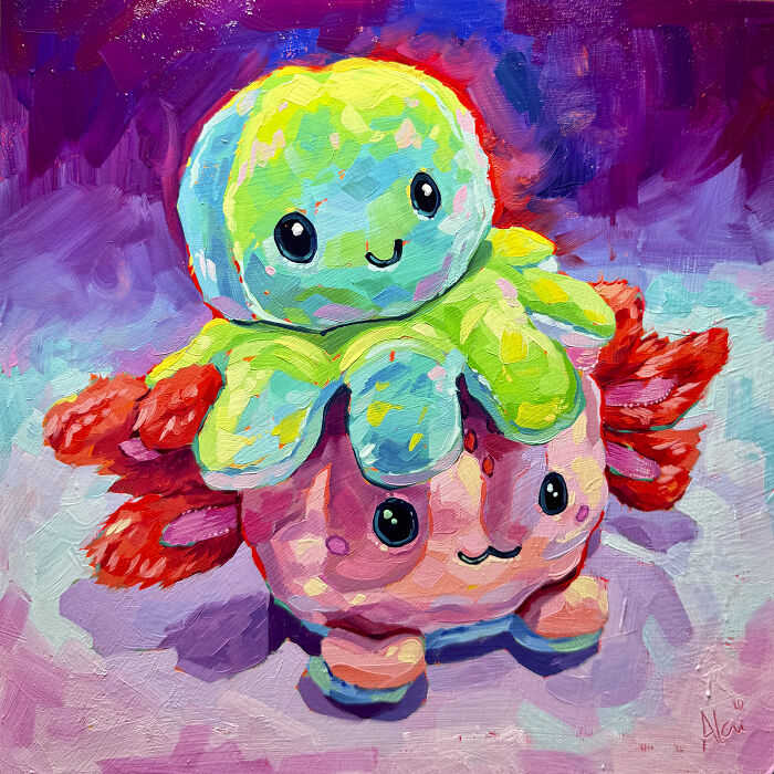 Cute colorful plush toy characters depicted in signature style from Alai Paintings.