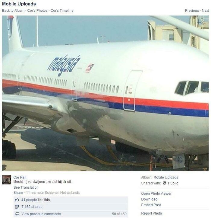A Malaysia Airlines passenger plane at an airport gate, captured in photos before departure.