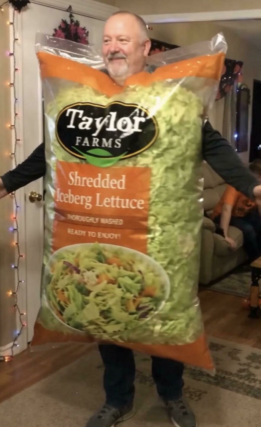 A person dressed as a bag of shredded iceberg lettuce as creative Halloween costume ideas.