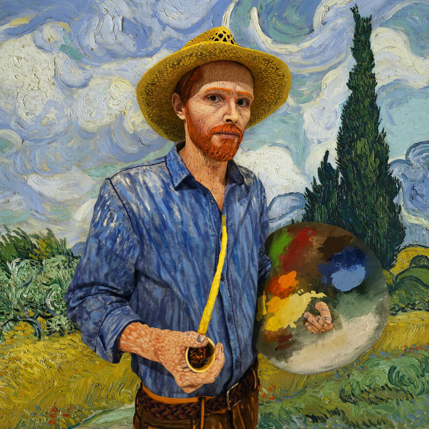 A man painted to look like Vincent van Gogh, posing as a creative Halloween costume idea.