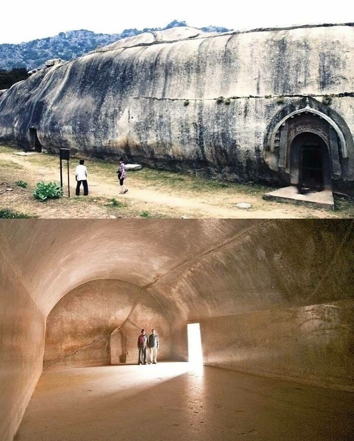 Exterior and interior view of Barabar Caves carved from rock presenting surprising facts about the past