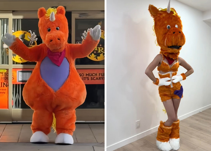 Orange bizarre character Halloween costume with unicorn horn