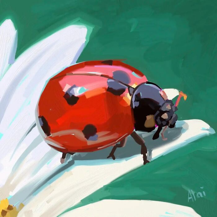 Detailed close-up painting of a ladybug on a daisy petal, Alai Paintings style