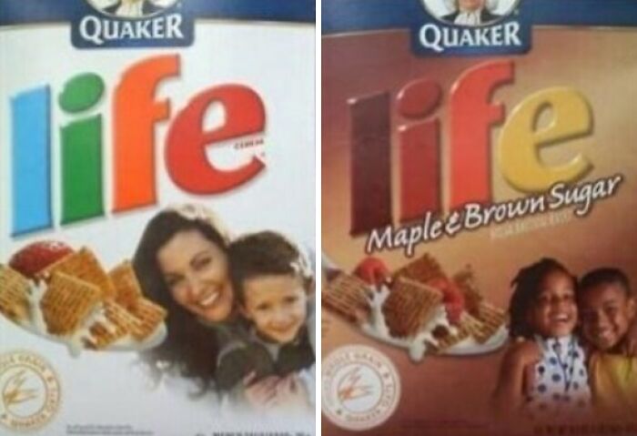 Two Life cereal boxes showing confused packaging fails with mixed up flavor artwork.
