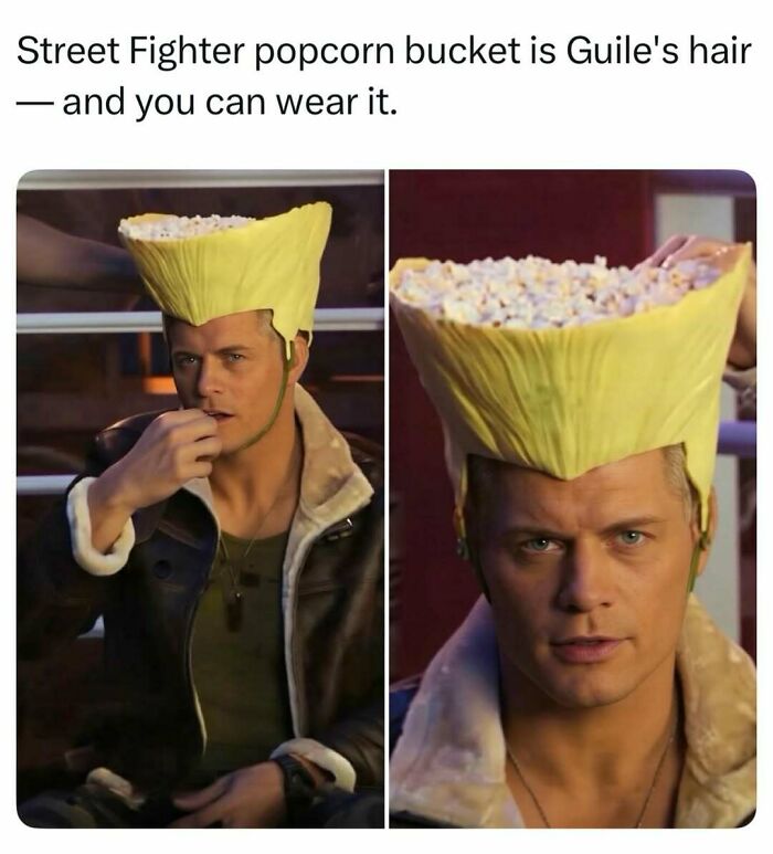 Man wearing a yellow Street Fighter Guile hair popcorn bucket as a hat, a random find from the internet.