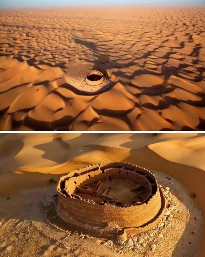 Aerial view of a ancient round fortress in the desert sand, an interesting fact about history.