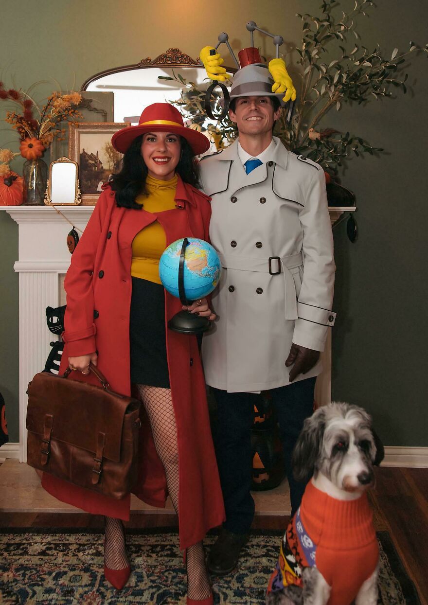 A man and woman dressed as Inspector Gadget and Carmen Sandiego, a clever Halloween costume idea.