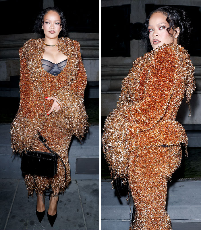 Rihanna in a textured bronze gown, counted among the fashion disasters at the 2026 Paris Fashion Week.