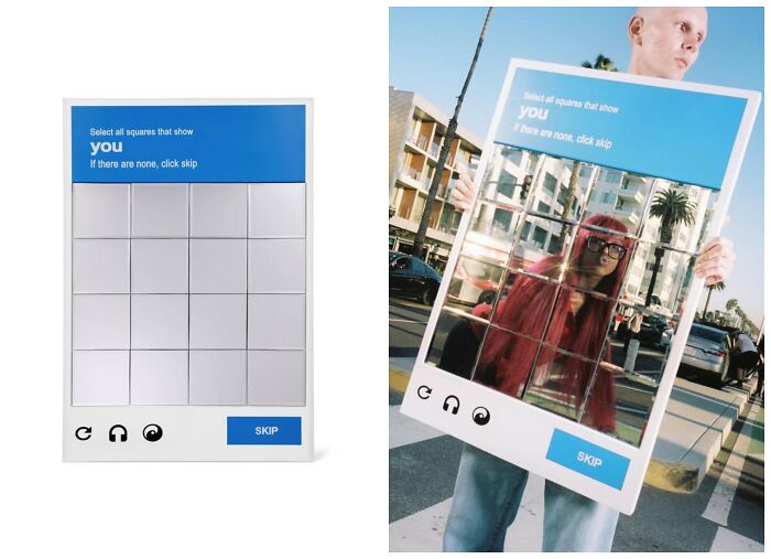 A physical CAPTCHA verification frame inspired by early internet nostalgia, held in front of a person.