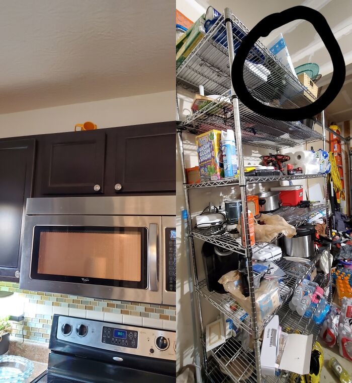 Items placed awkwardly high up in a kitchen and garage, representing husbands funniest quirks.