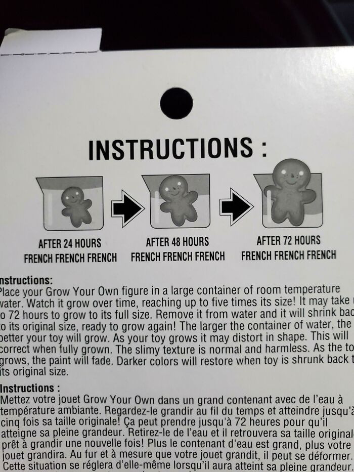 Package instructions showing text placeholder FRENCH FRENCH FRENCH as packaging fails.