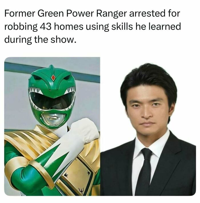 Splitscreen of the Green Power Ranger and an actor, illustrating interesting and random finds on the web.