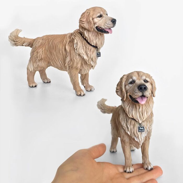 Two views of a hyperrealistic sculpture of a Golden Retriever pet standing.