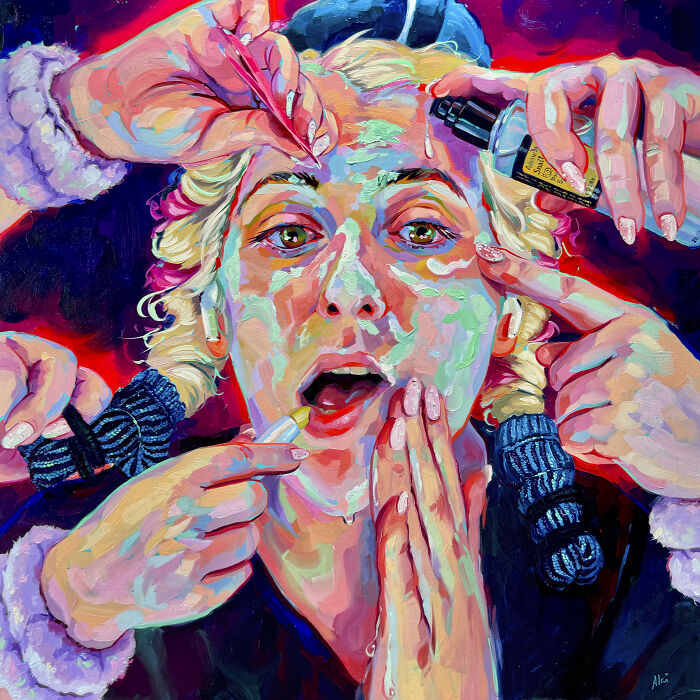 Vibrant self-portrait style artwork from Alai Paintings showing skincare routines with multiple hands.