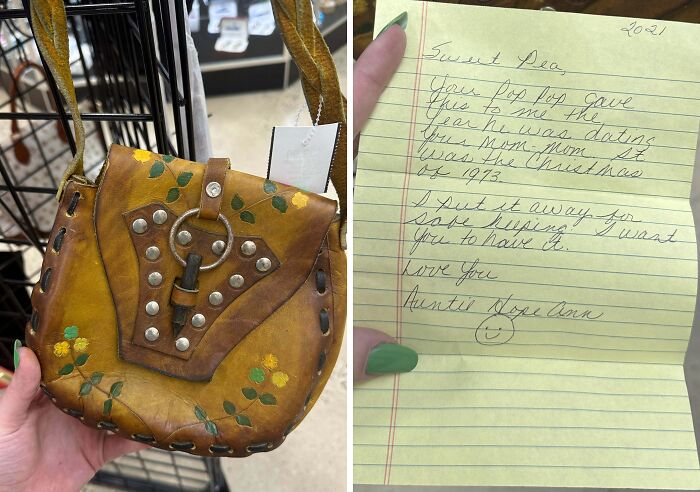 A small vintage leather purse and a handwritten note from 1973, showing charming thrift store finds.