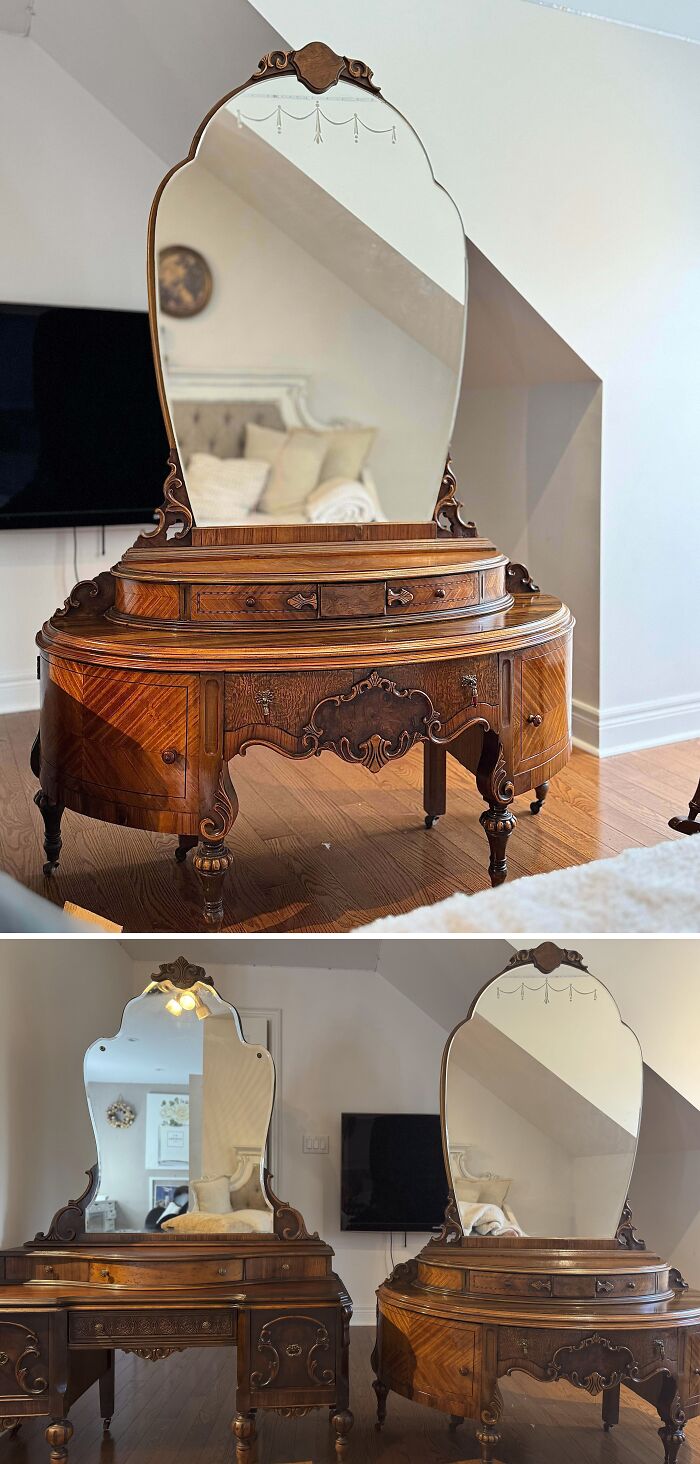 A matching set of vintage wooden vanity dressers found as thrift store finds