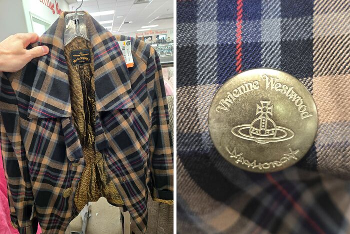 A designer Vivienne Westwood plaid jacket discovered as one of the best thrift store finds.