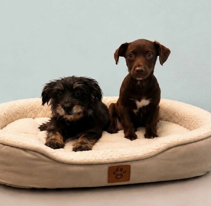 Two adorable abandoned puppies sitting together in a comfortable beige pet bed.