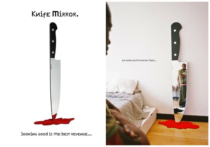 Giant knife-shaped floor mirror with red puddle rug, early internet nostalgia