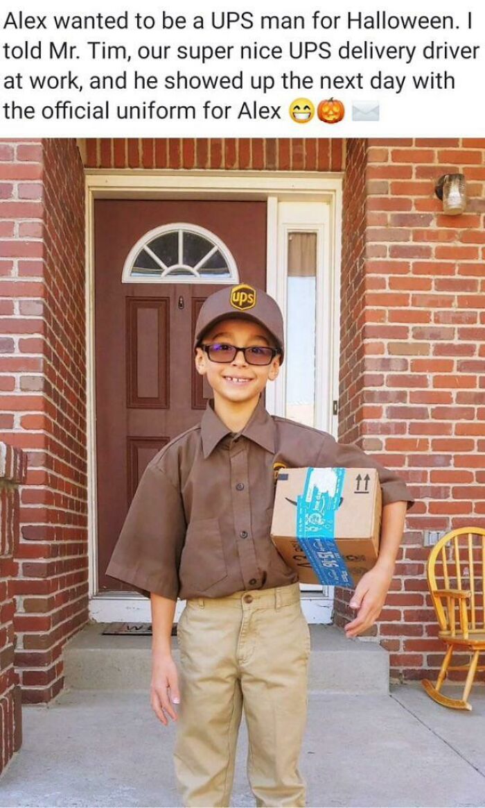 A young boy wearing an authentic UPS delivery driver uniform for kids Halloween costumes