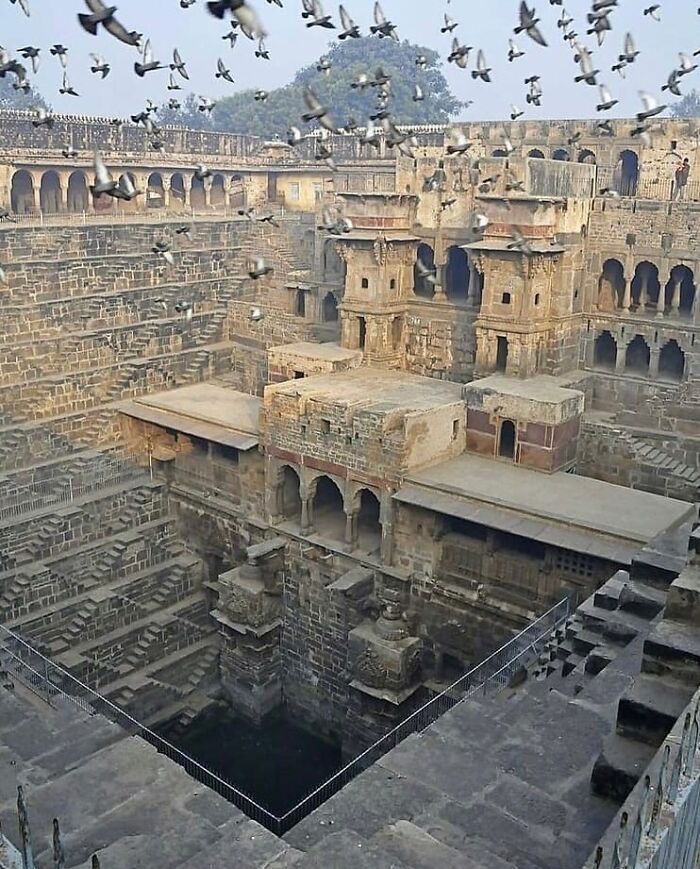 Flock of birds flying over ancient Chand Baori stepwell showcasing surprising facts about the past.