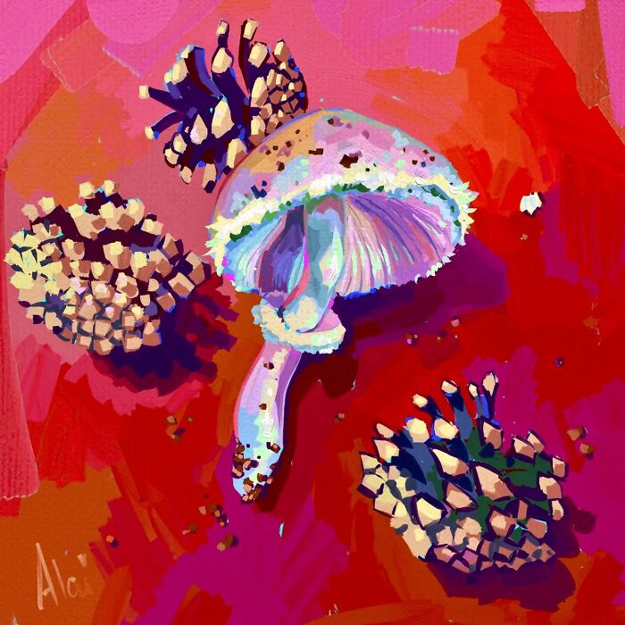 Artistic mushroom and pinecones on a red background, featuring Alai Paintings style.