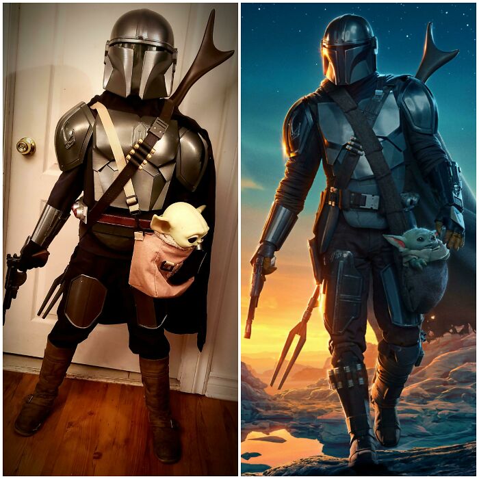 Side-by-side comparison of a child in a detailed Mandalorian kids Halloween costume next to the original character.