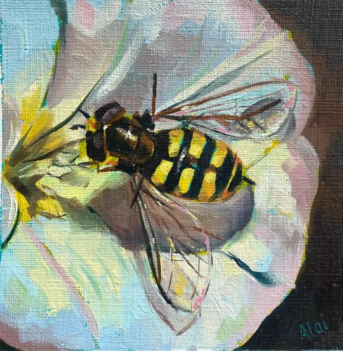 Detailed honeybee on a white flower, a gorgeous piece from Alai Paintings.