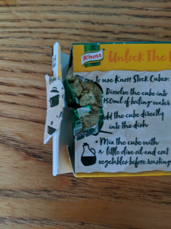 Damaged Knorr stock cube box demonstrating bad packaging fails