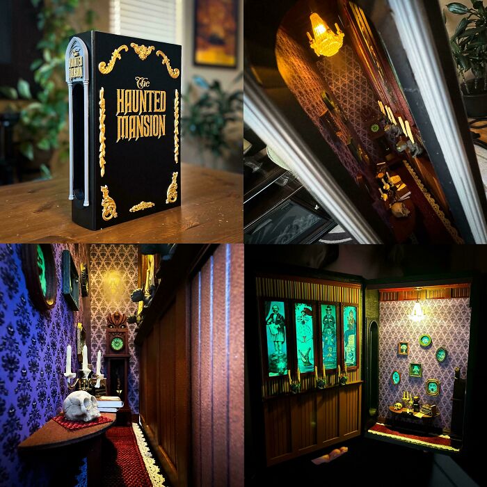 A collage showing a spooky haunted mansion book nook with detailed interior lighting