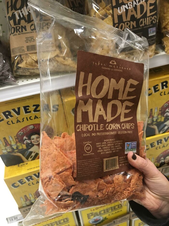 Bag of chipotle corn chips showing bad packaging fails with misaligned text