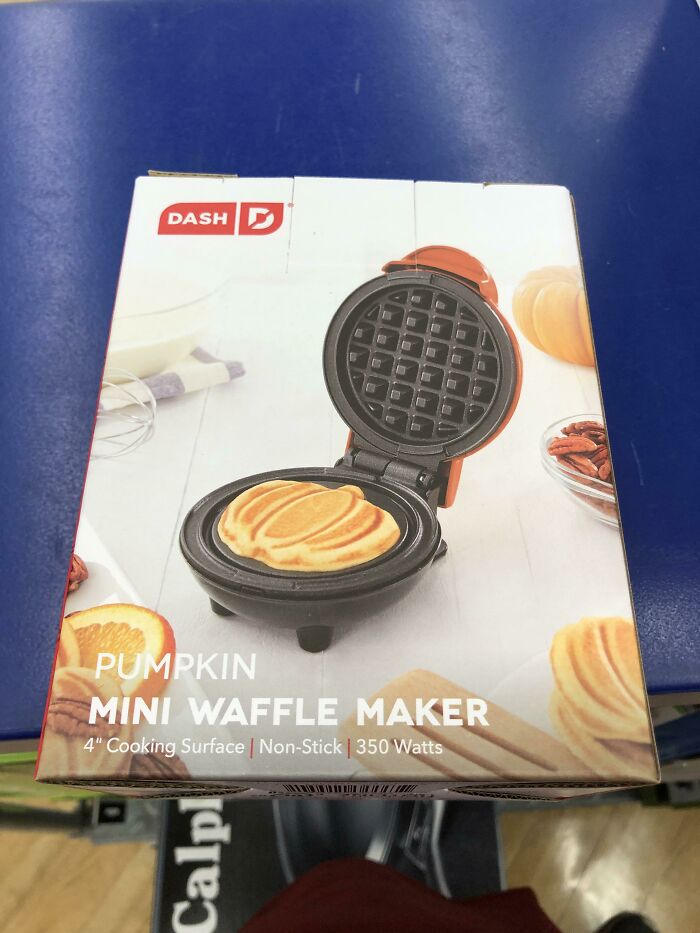 Pumpkin mini waffle maker package showing product photo as bad packaging fails.