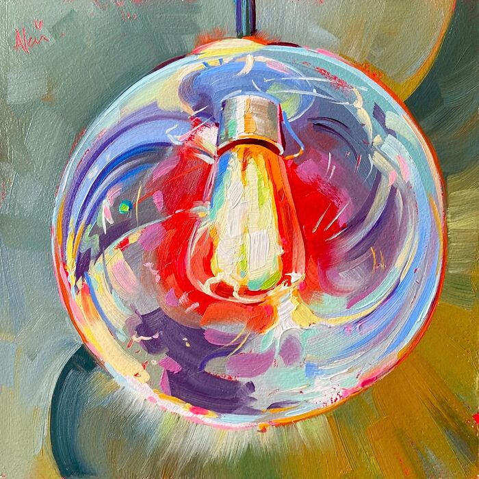 An artistic and colorful glowing light bulb oil painting by Alai Paintings
