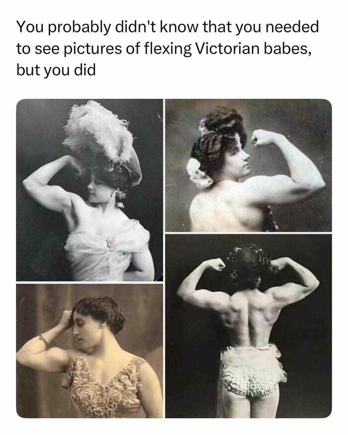 Four black and white photos of flexing Victorian women, showcasing fascinating stories from history.